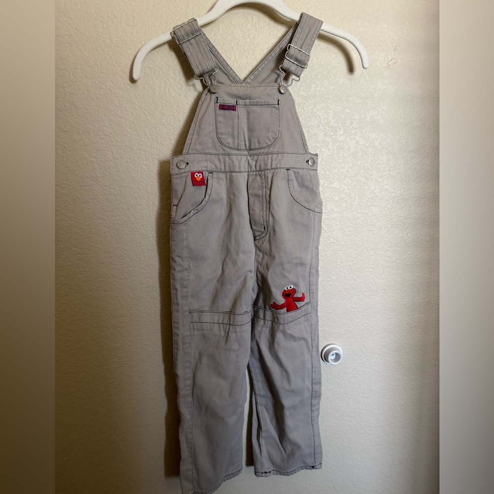 Vintage Elmo‎ Embroidered Overalls Sz 5 Toddler Sesame Street Charakter Tan